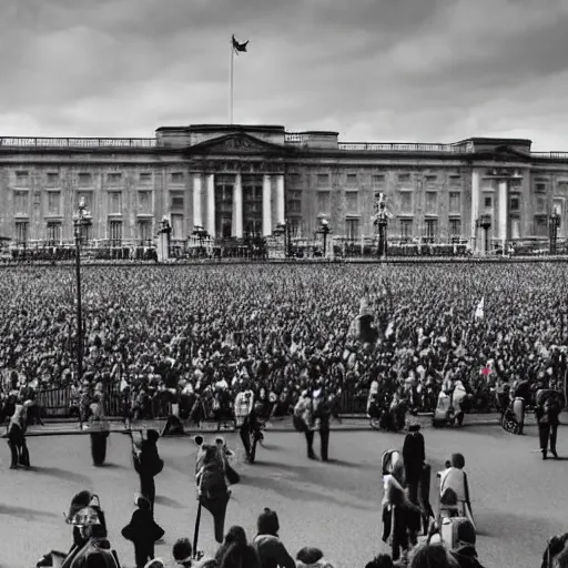 Prompt: a picture of buckingham palace very very accurate with a gigantic crowd of protestors on the street, the sky is blue and everyone is holding russian signs wide shot hyperrealistic photography 7 0 mm