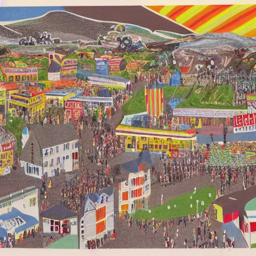 Prompt: 1960s illustration of a town in a valley with people gathered in a town square, aerial view, sunrise, peppermint motif, collage in the style of Klaus Voormann, high quality