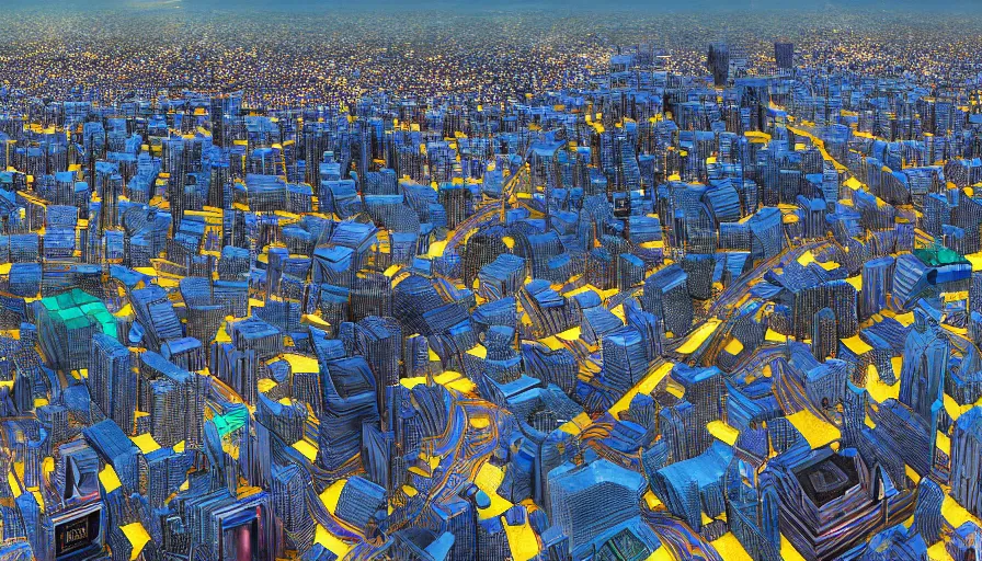 Image similar to Aerial Shot of A city split in different factions, Dytopia, Digital Art, Rendering, Hyperdetailed, Smooth Gradients, 100mm, Anamorphic Lens, Realistic Lighting, High Resolution