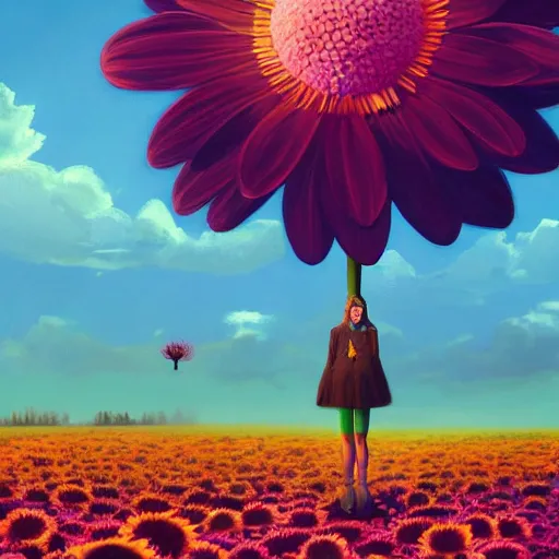 Prompt: giant daisy flower as head, full body girl floating in a flower field, surreal photography, sunrise, dramatic light, impressionist painting, colorful clouds, digital painting, artstation, simon stalenhag