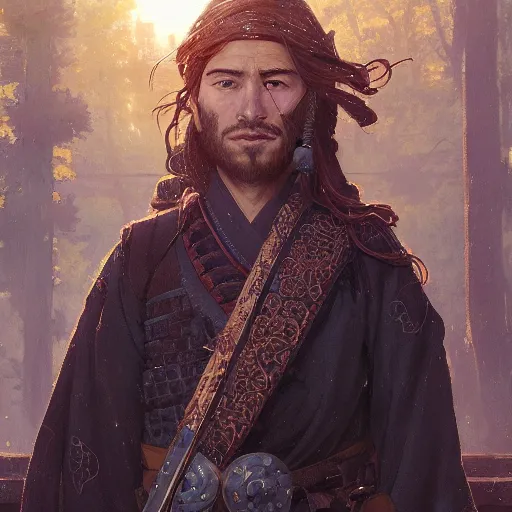 Image similar to Highly detailed portrait of Kurdish samurai, Stephen Bliss, unreal engine, fantasy art by Greg Rutkowski, Loish, Rhads, ferdinand knab, Makoto Shinkai and Lois van baarle, ilya kuvshinov, rossdraws, Tom Bagshaw, alphonse mucha, global illumination, radiant light, detailed and intricate environment, highly detailed, award winning art