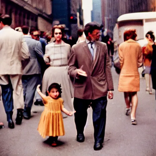 Prompt: analog medium format street photography of people walking in new york, 1 9 6 0 s, wide - angle, photographed on colour expired film, detailed photograph