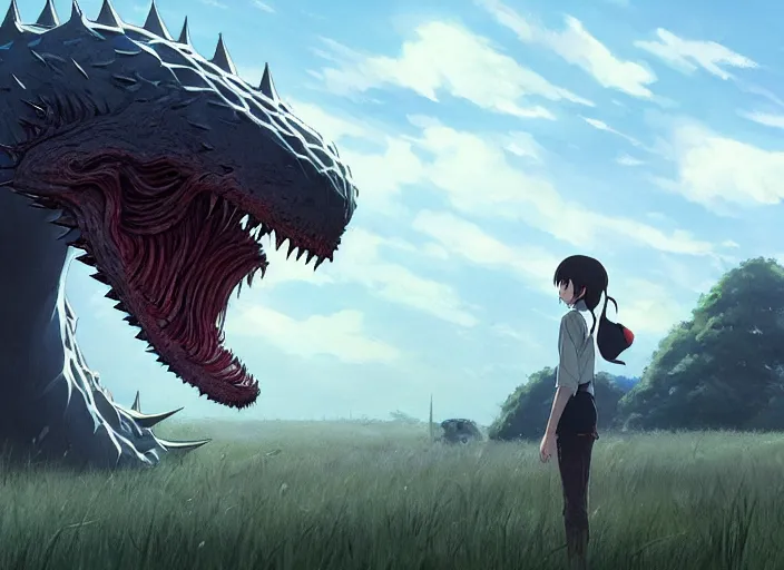 Prompt: a gargantuan creature kaiju with a large mouth and fangs, with smooth skin, lots of small quils and spikes on it's neck, looming over a field, fog, horror, by makoto shinkai an krenz cushart