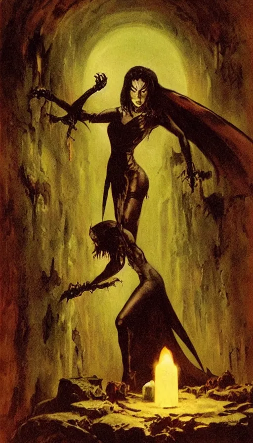 Prompt: carmilla vampire, gothic horror, by frank frazetta, candlelit catacombs