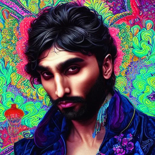 Image similar to portrait of ranveer singh, hyper detailed masterpiece, neon floral pattern, jean giraud, digital art painting, darkwave goth aesthetic, psychedelic, artgerm, donato giancola and tom bagshaw