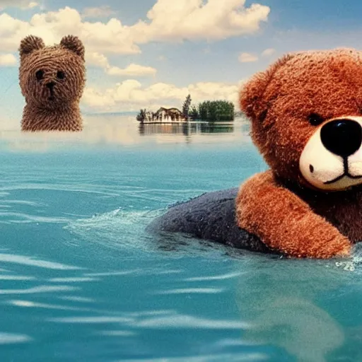 Prompt: of a teddy bear swimming in a lake with a house in the background with a dog and a cat