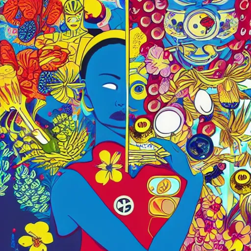 Prompt: pharmaceutical drugs by tristan eaton and james jean, chiho aoshima color scheme