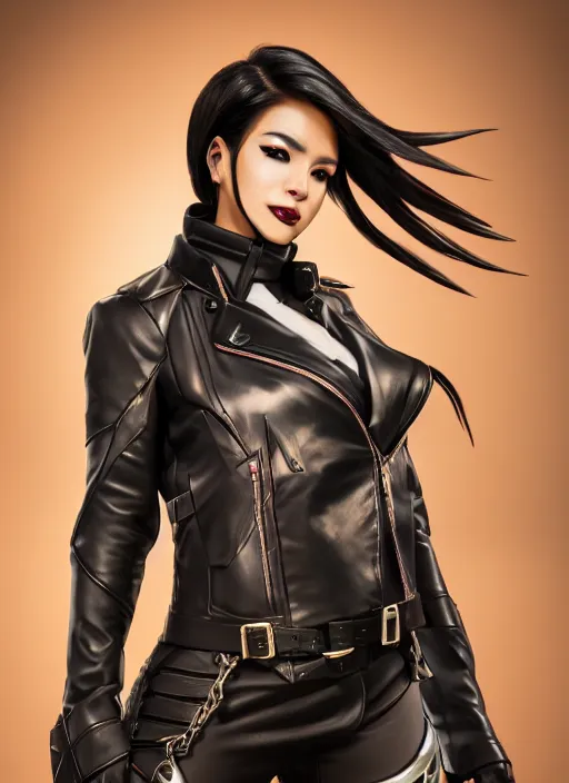 Image similar to overwatch style oil painting portrait of as woman with black hair and a leather jacket, confident pose, 4 k, expressive surprised expression, makeup, wearing sleek armor, studio lighting, black leather harness, expressive detailed face and eyes,