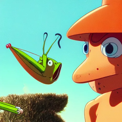 Prompt: shoulder up Portrait of a hyper realistic Anthropomorphic grasshopper smoking an anime cigarette, mushroom hut in background , cel animation by Tokyo Movie Shinsha and Greg rutkowski, post-processing , IMAX , vibrant colors , award-winning masterpiece 20 years in the making