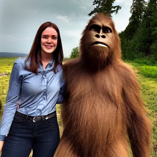 Image similar to a sasquatch and a human pose for a picture together, instagram post, selfie, well - lit