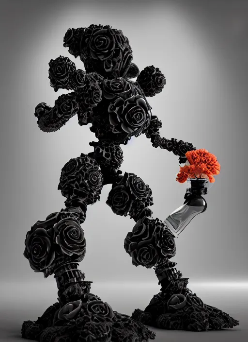 Image similar to biomechanical black marble statue carrying perfume bottle. enchanted coral kingdom made of corals, daisies, roses well contoured smooth fair walls, up close shot, sharp focus, global illumination, radiant light, alexandre ferra white mecha, irakli nadar, octane highly render, 4 k, ultra hd,