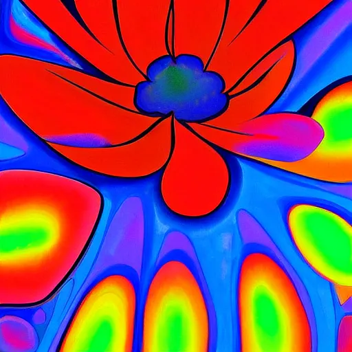 Prompt: an abstract painting of a red and blue flower by peter max, featured on deviantart, metaphysical painting, psychedelic, fractalism, vivid colors