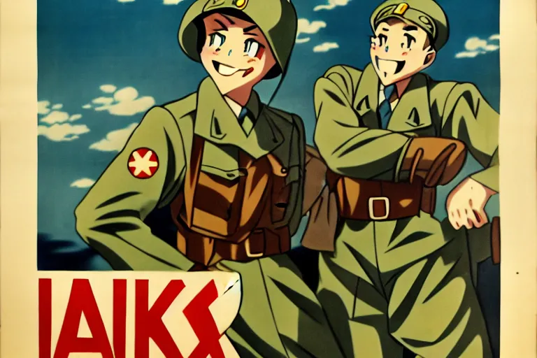Image similar to 1940s, war, anime, poster, smiling tanks