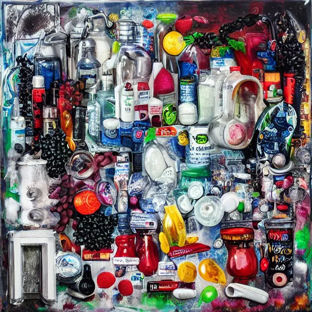 Image similar to “ pharmacy, street hawkers, medical supplies, pills and medicine, medicinal herbs, a candle dripping white wax, squashed berries, berry juice drips, acrylic and spray paint and oilstick on canvas, surrealism, neoexpressionism ”