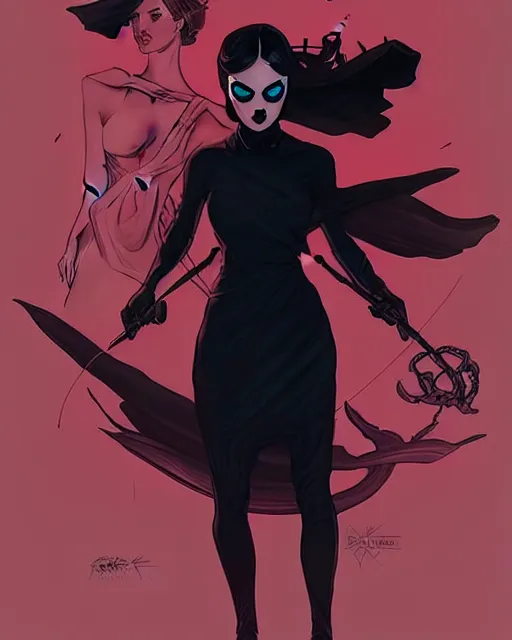 Prompt: rafael albuquerque comic art, peter mohrbacher, steve niles, phil noto, artgerm, pretty maika monroe dark witch black dress, symmetrical eyes