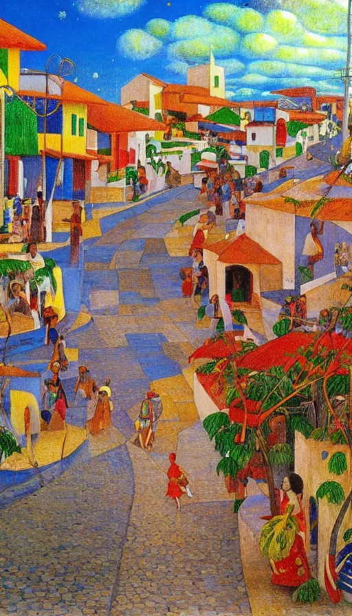 Prompt: a 1 9 9 8 brazilian nordeste town designed by arthur bispo do rosario, jules bastien - lepage, tarsila do amaral, frank weston and gustave baumann, trending on artstation, mediterranean, star, sharp focus, colorful refracted sparkles and lines, soft light, 8 k 4 k