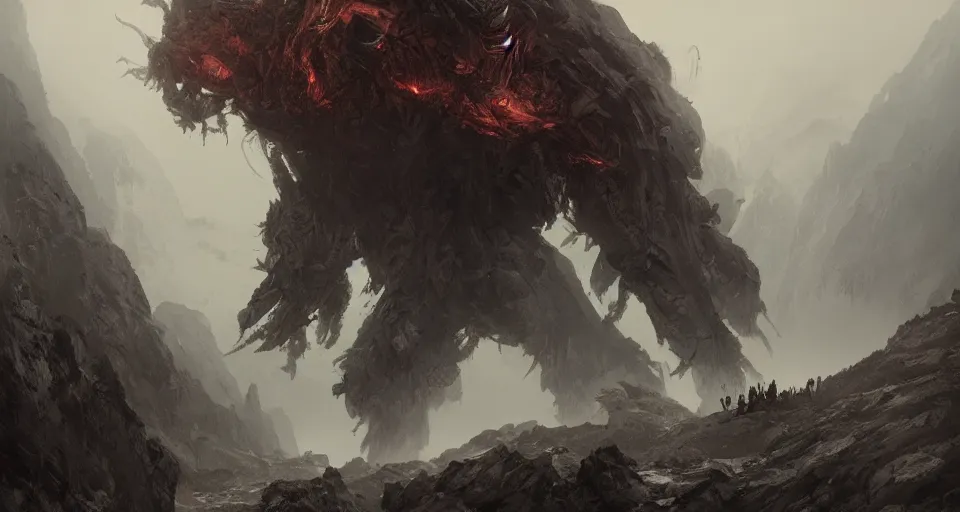 Image similar to a giant monster with many limbs crawling across a misty mountainous landscape, dramatic lighting, illustration by francois baranger, greg rutkowski, yoji shinkawa, 4 k, digital art, concept art, trending on artstation