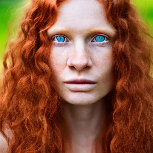 Image similar to close up portrait photograph of a ginger woman with polish descent, with deep blue eyes. Wavy long hair. she looks directly at the camera. Slightly open mouth, with a park visible in the background. 55mm nikon. Intricate. Very detailed 8k texture. Sharp. Cinematic post-processing. Award winning portrait photography. Sharp eyes.