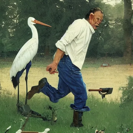 Image similar to a man is chasing away a stork. the stork is carrying a human baby. the man has a shotgun. they're in a trailer park. norman rockwell painting. highly detailed, high quality, 8 k, soft lighting, realistic face, path traced