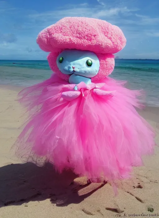 Image similar to chthulhu in a pink tutu on a beach