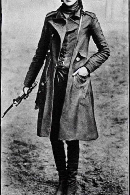 Image similar to photograph of soviet chekist comrade emma watson, standing in a long leather coat with mauser pistol, vintage revolution photograph, famous photo