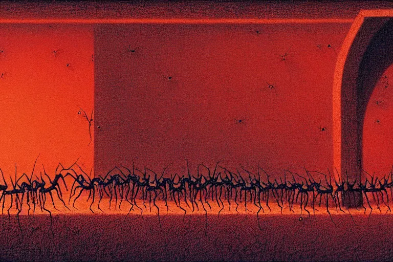 Image similar to a line of ants heading up an outside wall towards a pie cooling in the window, in the style of beksinski, intricate and epic composition, red by caravaggio, insanely quality, highly detailed, masterpiece, purple light, artstation, 4 k