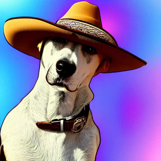 Image similar to a cute dog wearing a cowboy hat,pale colors, in style of deep dream