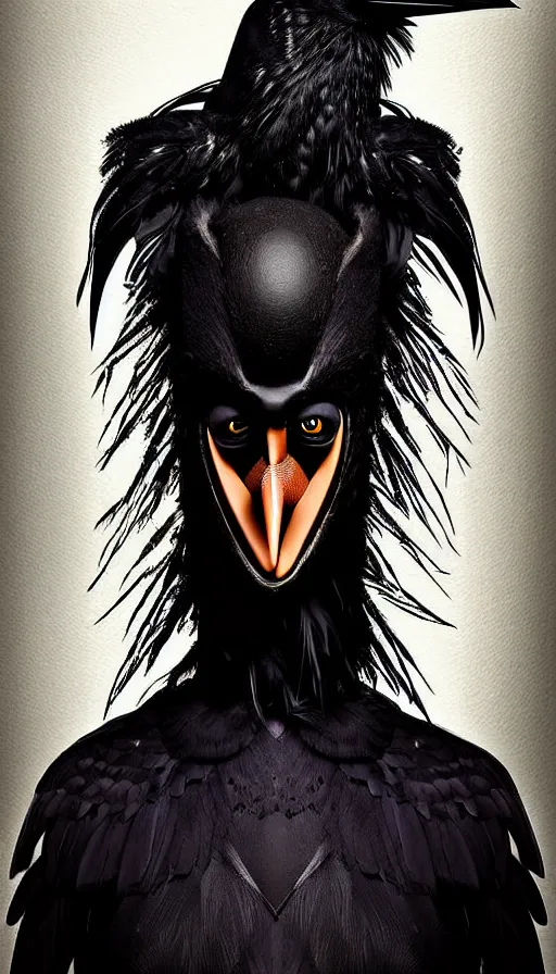 Image similar to epic professional digital portrait art of a human - crow hybrid creature, crow head, crow beak, feathered humanoid torso by bill hillier