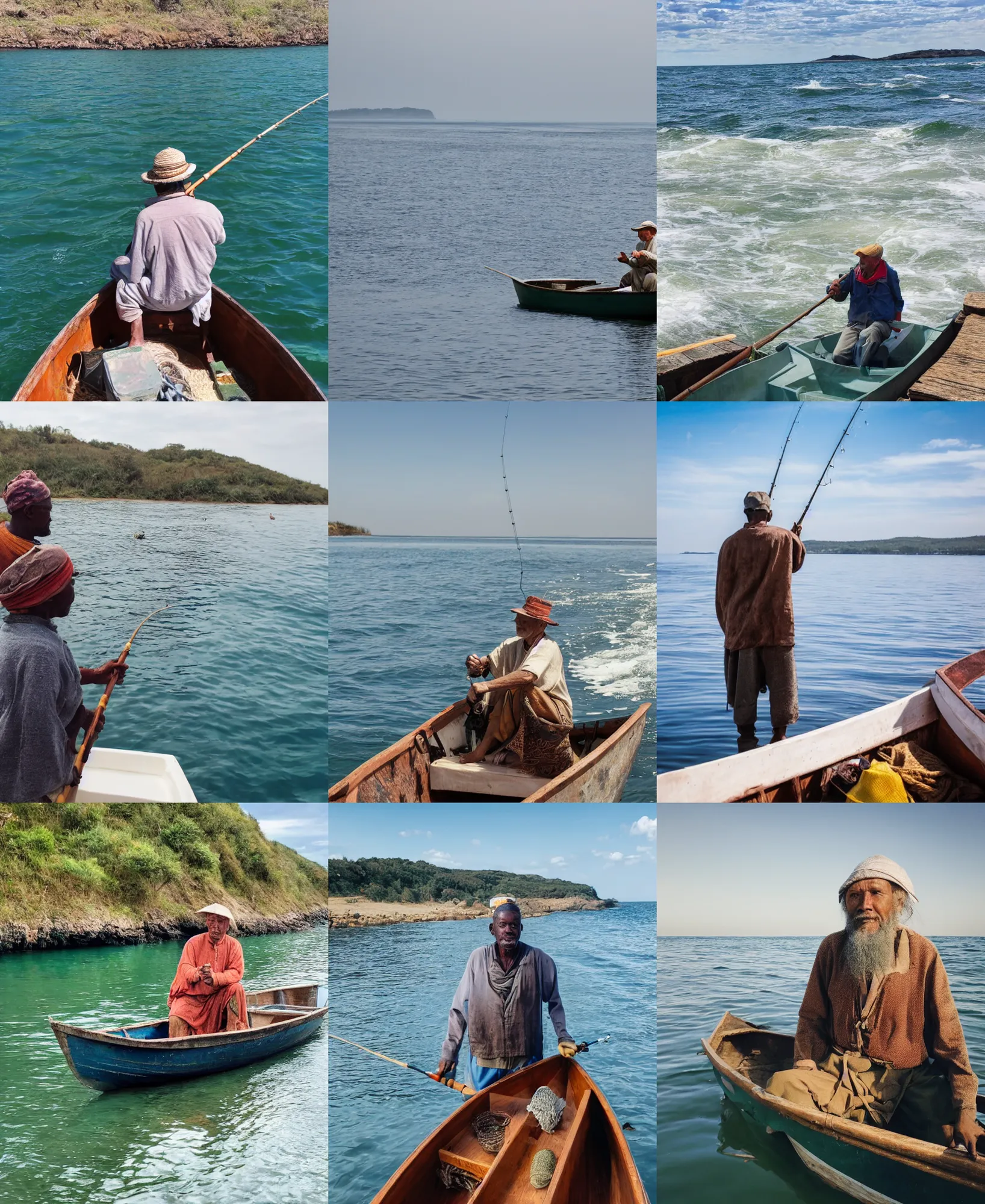 Prompt: photo of wise man as a fisherman on a small boat by the coast