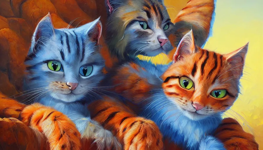 Image similar to highly detailed contemporary acrylic painting of really tall sitting cats by justin gerard, thick brush strokes and visible paint layers, vivid multicolor scheme