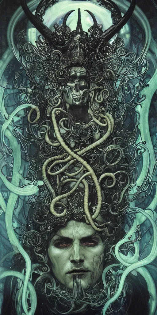 Prompt: intense glowing angry pagan god with tentacles and horns and intense pure black eyes and a blood skull in very dark chrome metal cathedral by karol bak and alphonse mucha and beksinski, portrait, fantasy, clear, light beams, lens flare, intense, uhd, amazing depth, cinematic lighting, shining chrome and black and cyan