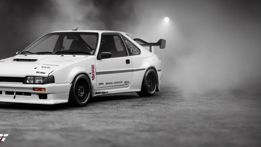 Image similar to takumi fujiwara's toyota ae 8 6 takumi fujiwara's toyota ae 8 6, cinematic, nikon d 7 5 0, long exposure, white balance, 8 k, led, lumen global illumination, fog, ray tracing reflections, fxaa, rtx, post - production