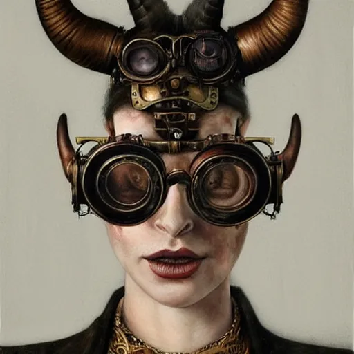 Image similar to a hyperrealistic portrait painting of a beautiful woman with demon horns wearing steampunk goggles, by santiago caruso, highly detailed,