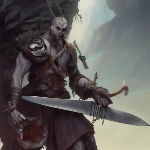 Prompt: wide shot, fantasy painting of a pale man with a black blade covered in runes, painted by Bayard Wu, ultra detailed, 8k, perfect