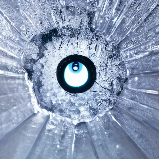 Prompt: An eye gazing through a transparent sheet of frosted ice, XF IQ4, f/1.4, ISO 200, 1/160s, 8K, RAW, unedited, symmetrical balance, in-frame