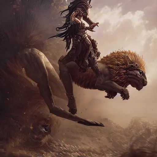 Prompt: a warrior riding on an armored lion, au naturel, hyper detailed, digital art, trending in artstation, cinematic lighting, studio quality, smooth render, unreal engine 5 rendered, octane rendered, art style by klimt and nixeu and ian sprigger and wlop and krenz cushart