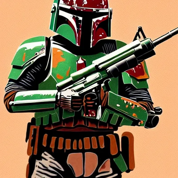 Image similar to Dynamic detailed artistic illustration of Boba fett but his armor is tan colored with desert camoflauge patterns, wearing nightvision goggles and holding an ar-15 rifle