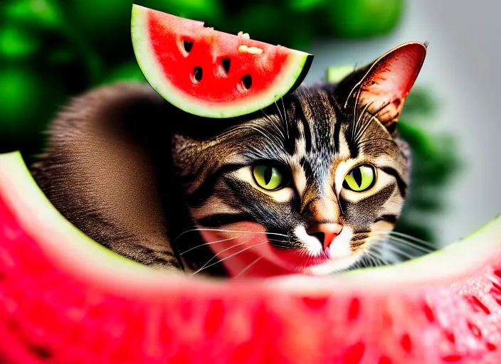 Image similar to photo of a cat wearing a helmet made of a watermelon. fantasy horror style. highly detailed 8 k. intricate. lifelike. soft light. nikon d 8 5 0 5 5 mm. dof. cinematic post - processing.