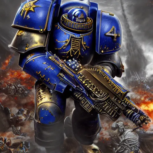 Prompt: warhammer 40k ultramarine, hyperrealistic, octane render, high quality, ultra realism, 4k