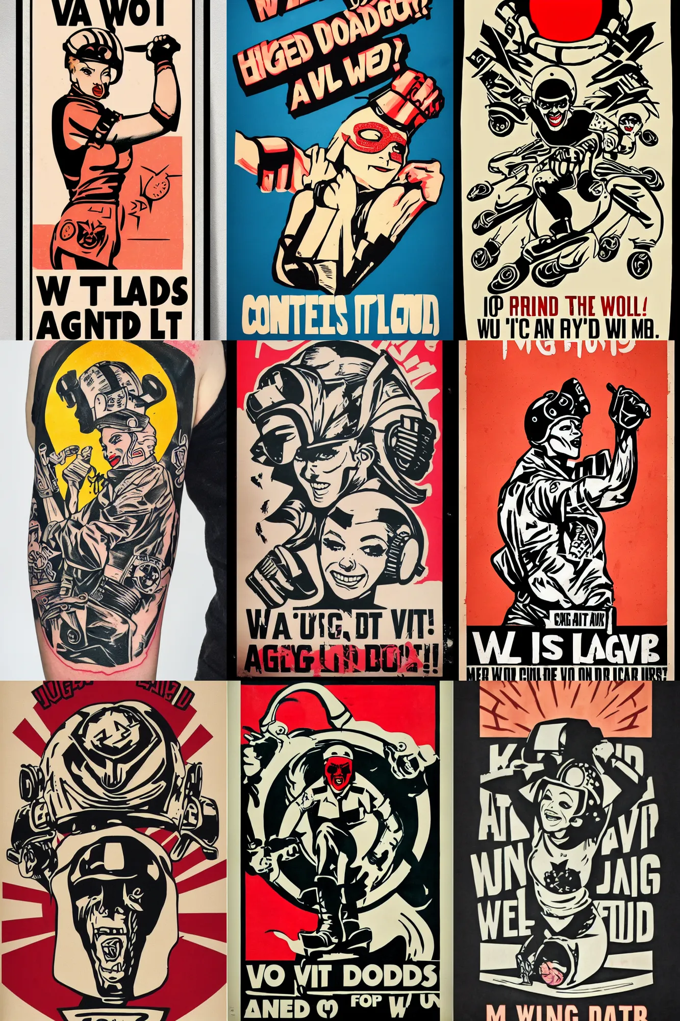 Prompt: propaganda poster roll sleeves up we can do it wearing roller derby helmet tattoos angry smile