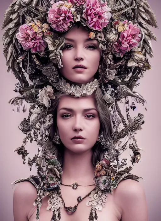 Prompt: full body environmental portrait photo of a goddess as angel, ornate headpiece made from flowers, ornaments, glamour shot by gemmy woud - binnendijk, chris knight, photorealistic, canon r 3, fashion photography, ornate, symmetrical features, octane render, unreal engine, solid dark grey background, clamp shell lighting, rim lighting