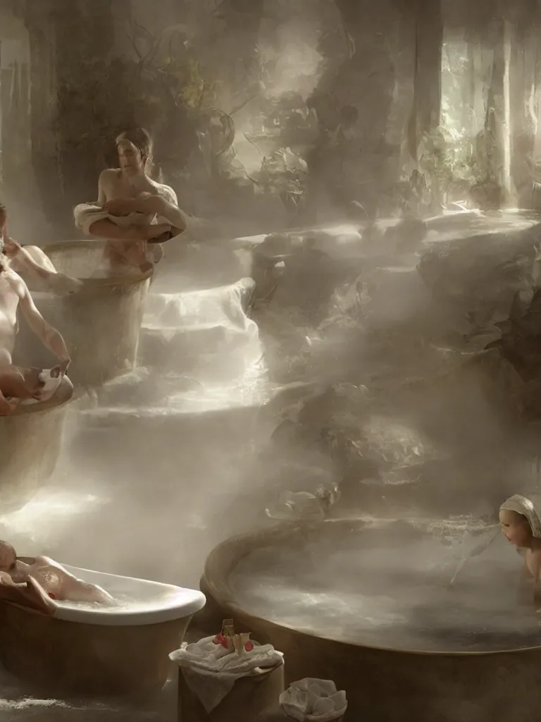 Image similar to steaming bath in a clubfoot bathtub by disney concept artists, blunt borders, rule of thirds, golden ratio, godly light