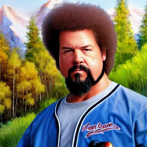 Image similar to a closeup photorealistic photograph of bob ross style kenny powers playing baseball, a painting on a canvas. mountains and trees. film still. brightly lit scene. this 4 k hd image is trending on artstation, featured on behance, well - rendered, extra crisp, features intricate detail, epic composition and the style of unreal engine.