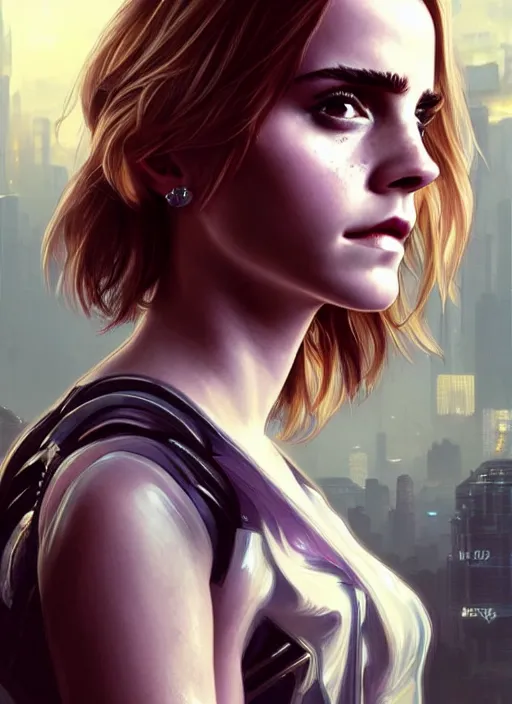 Image similar to portrait of Emma Watson as a character in Cyberpunk 2077, looking at camera, intricate, elegant, sci-fi, extremely detailed, digital painting, artstation, concept art, smooth, sharp focus, illustration, ambient lighting, incredible art by artgerm and greg rutkowski and alphonse mucha and simon stalenhag