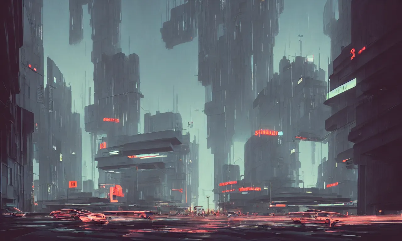Image similar to streetscape, simple brutalist architecture, white neon lighting, neon signs, flying vehicles, pedestrians, greg rutkowski, syd mead, ralph mcquarrie, concept art, matte painting, finely detailed, minimal artifacts, rule of thirds, dynamic lighting, cinematic, detailed, denoised, centered
