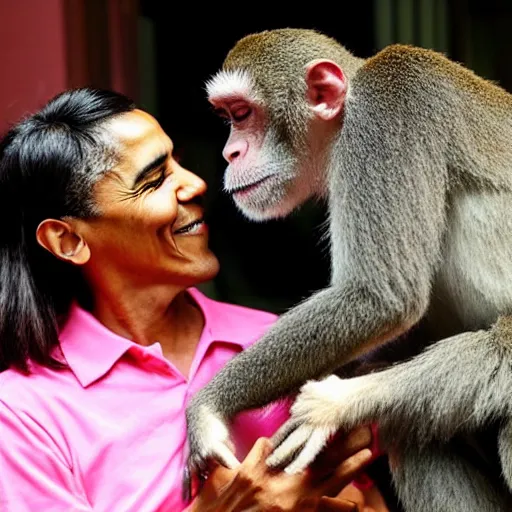 Prompt: Obama petting a cute monkey. Photo.