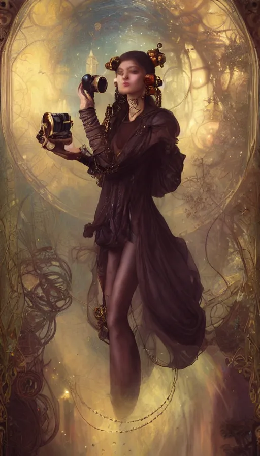 Image similar to hyper realistic photographer taking a picture, magical, gems, jewels, gold, steampunk, cyberpunk, painted by tom bagshaw, mucha, gaston bussiere, craig mullins, j. c. leyendecker 8 k