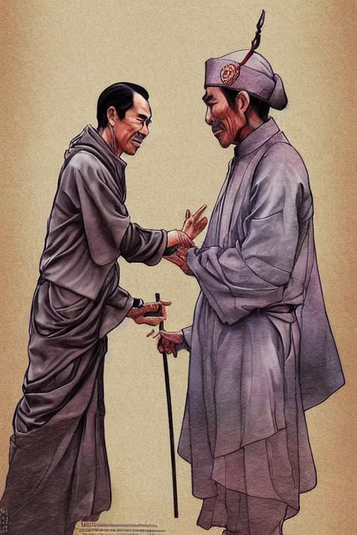 Prompt: saint joko widodo blessing people, sketch and art by jacqueline e, color by bo feng lin