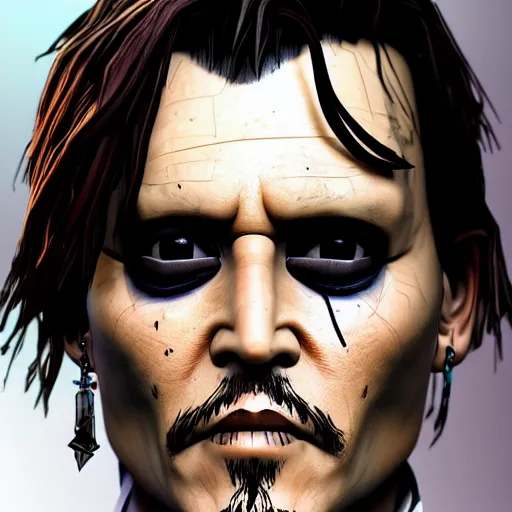 Prompt: johnny depp portrait, borderlands, tales from the borderlands, the wolf among us, comic, cinematic lighting, studio quality, 8 k