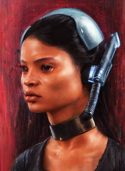 Prompt: Isabel igwe. beautiful cyberpunk katana assassin wearing a cyberpunk headset and combat jumpsuit. (Cyberpunk 2077, bladerunner 2049). Iranian orientalist portrait by john william waterhouse and Edwin Longsden Long and Theodore Ralli and Nasreddine Dinet, oil on canvas. Cinematic, vivid colors, hyper realism, realistic proportions, dramatic lighting, high detail 4k